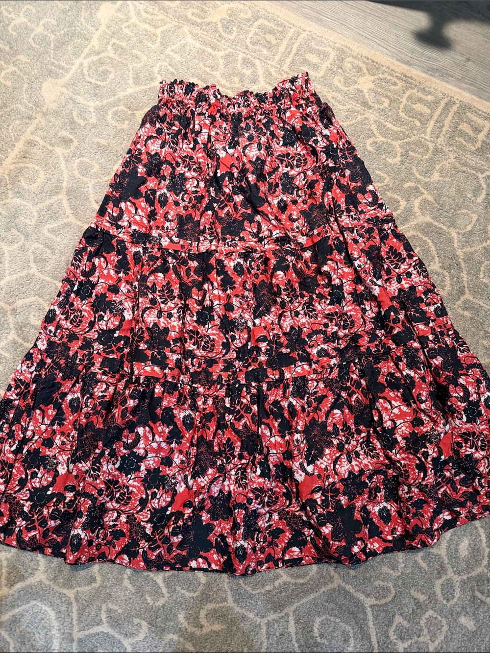 Women’s Red & Black Floral Tiered Maxi Skirt
